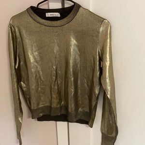 Zara Gold Metallic Crew Neck Knit Top - Size Large